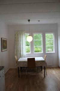 恩厄尔霍尔姆Beach House Ängelholm的一间带桌子和2个窗户的用餐室