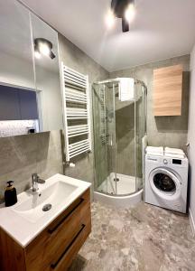 罗兹Platon Residence Apartments的一间带水槽和洗衣机的浴室