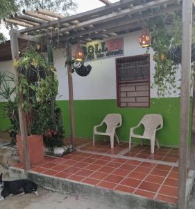 比利亚维哈Hostal ROLLED的一个带两把椅子和绿色墙壁的庭院