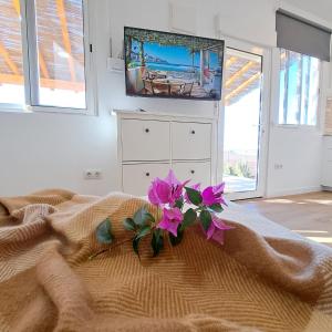 圣巴托洛梅La Pérgola Calma的一间卧室,床上有紫色鲜花