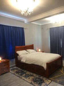 弗里敦Marie & Sons Property的一间卧室配有一张带蓝色窗帘的大床