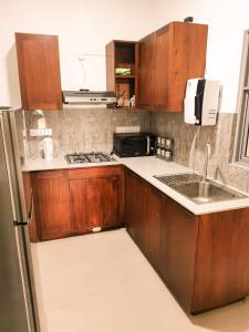 Malabe2 Bedroom Apartment in Colombo, Sri Lanka的厨房配有木制橱柜、水槽和冰箱。