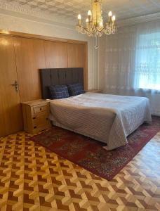 卡梅拉瓦2 bedroom apartment close to Kaunas airport in Karmelava的一间卧室配有一张大床和一个吊灯。