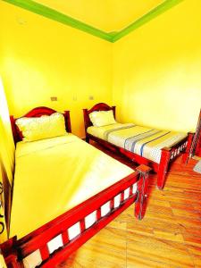 RubiriziLights of kazinga orphanage and homestay的配有黄色墙壁和木地板的客房内的两张床