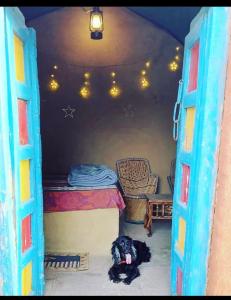 阿格拉Backpackers Village Agra的狗躺在带床的房间