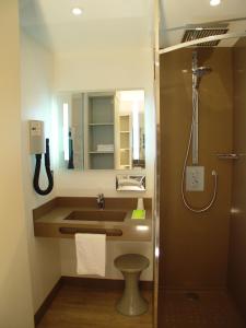 蒙卢伊Hotel et Résidence Le Clos Cerdan的一间带水槽和淋浴的浴室