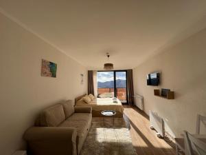 古多里Twins #144 New Gudauri with Mountain View的带沙发和床的客厅以及窗户。