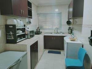 伊凯贾1 Bedroom Entire APT - Kitchen - Wi-Fi的小厨房配有蓝色椅子