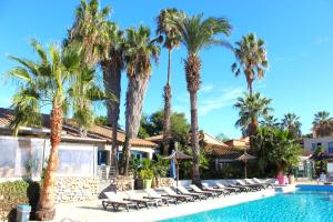 鲁西隆地区卡内马里布村假日公园的一个带躺椅和棕榈树的度假游泳池