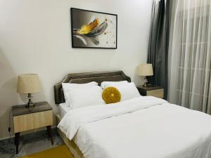 基加利White villa apartment的一间卧室配有一张床和两个带灯的床头柜