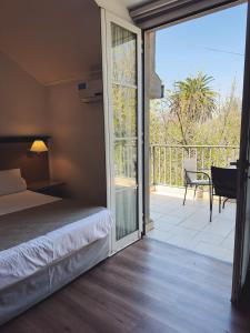 门多萨阿根廷酒店 的一间卧室设有一张床和一个滑动玻璃门