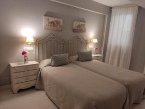 塞哥维亚旧金山霍斯佩达雅酒店的一间卧室配有一张床、梳妆台和两盏灯。