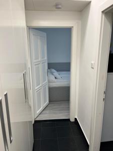 贝凯什乔包Martina apartman Békéscsaba的浴室设有一扇门,可通往带一张床的浴室