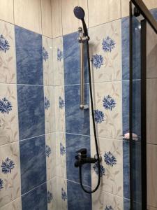 VratsaУютен апартамент Мечта的浴室铺有蓝色和白色瓷砖,设有淋浴。