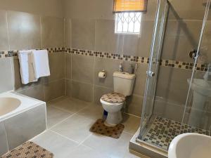 梅富根Mafikeng Boutique Lodge的带淋浴、卫生间和盥洗盆的浴室