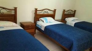 VallegrandeResidencial Teresita的一间卧室配有两张带蓝白色床单的床