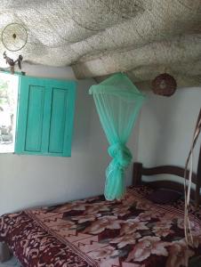 卡马萨里Suíte beija-flor的一间卧室配有一张蓝色窗帘的床