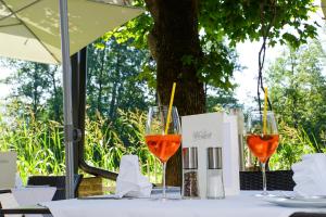 韦尔特湖畔克伦彭多夫胡蒂里斯特酒店的桌子上放两杯葡萄酒