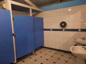 ChalhuancaHOTEL ZEGARRA的浴室设有蓝色门和水槽