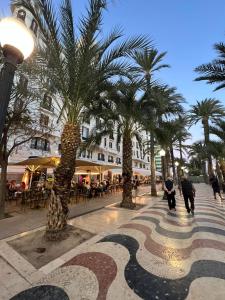 阿利坎特米兰旅馆的一条种有棕榈树的街道,人们沿着人行道走