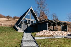 里梅泰亚KARL's Cabin by Black & White Panoramic的前面有一堆木柴的房子