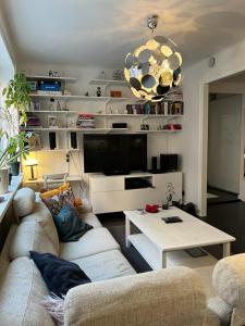 斯德哥尔摩Apartment in the middle of So-Fo, Södermalm, 67sqm的客厅配有沙发和桌子