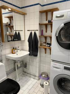 斯德哥尔摩Apartment in the middle of So-Fo, Södermalm, 67sqm的一间带洗衣机和水槽的浴室