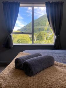 皇后镇Alpine Lodge Queenstown的一张带大窗户的山景床