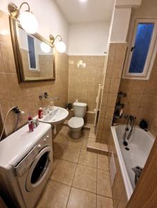 布拉格Prague city centre的浴室配有卫生间水槽和洗衣机。
