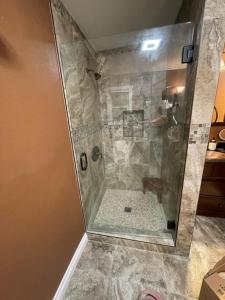 维斯塔Luxury Cozy Studio with Firepit的浴室里设有玻璃门淋浴