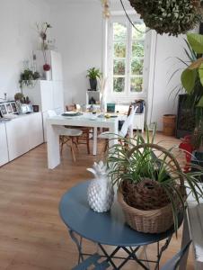 瓦尔莱班La Dolce Vita Camille的客厅里设有植物桌子