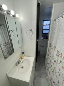 西纽约Room in a 2 Bedrooms apt. 10 minutes to Time Square!的一间带水槽、镜子和淋浴的浴室