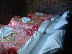 AdrouineHoneymoon Luxury Glamping的配有枕头的酒店客房内的两张床