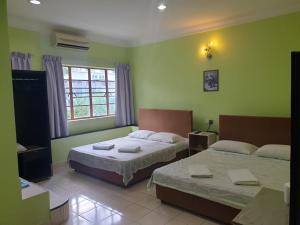 哥打京那巴鲁婆罗洲迦耶住宿的绿墙客房内的两张床