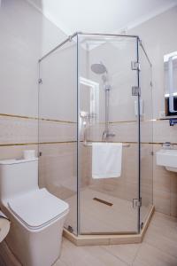撒马尔罕HOTEL SILK ROAD EMPIRE SAMARKAND的一间带卫生间的浴室内的玻璃淋浴间