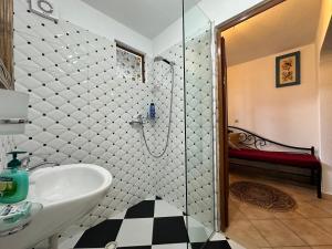 吉诺卡斯特Guesthouse Mele的一间带水槽和玻璃淋浴的浴室