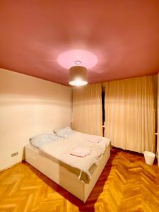 克拉科夫Cheap entire apartment in a super location的一间卧室配有一张天花板上灯的床