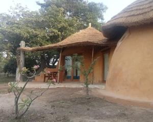 PalmarinLes Collines De Niassam的茅草屋顶小屋和桌子