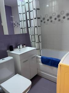 布加勒斯特Fancy Studio的浴室配有盥洗盆、卫生间和浴缸。