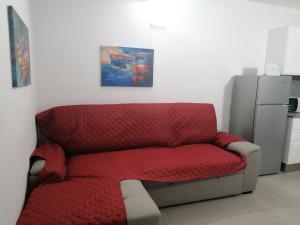 洛斯·亚诺斯·德·阿里丹Vivienda El Remo-Vv-3的厨房里一张红色的沙发,墙上挂着一幅画
