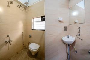 纳西克FabHotel Saubhagya Elite的浴室的两张照片,配有卫生间和水槽