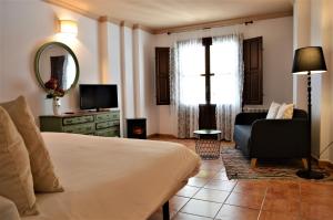 卡皮雷拉阿尔法加安东尼乡村酒店的一间卧室配有一张床、一把椅子和镜子