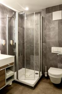 莱茵河畔凯尔Hotel Schwanen的带淋浴和卫生间的浴室