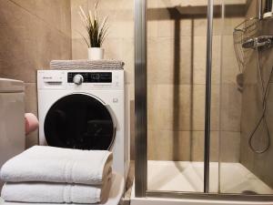 埃尔塔特AC Apartaments Tarter Chalet的带淋浴的浴室内的洗衣机