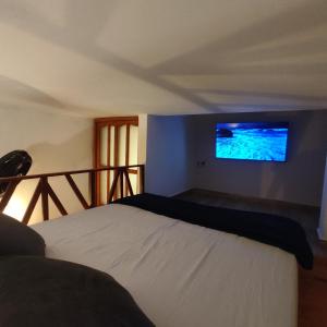 麦德林Hospedaje Oasis Blue Laureles Medellín的卧室配有一张床,墙上配有电视。