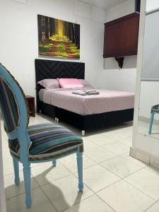 阿劳卡COOL HOUSE 24Horas的一间卧室配有一张床、一把椅子和一幅画