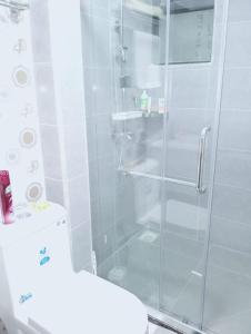 内罗毕Wanderstay kenya的浴室设有玻璃淋浴间和卫生间
