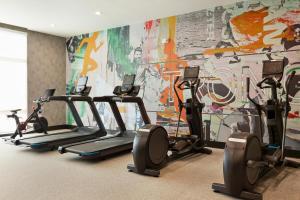 劳雷尔山La Quinta Inn & Suites by Wyndham Mount Laurel Moorestown的壁画前的健身房,有几台跑步机