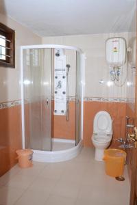 乌提Rainbow Cottages的带淋浴和卫生间的浴室