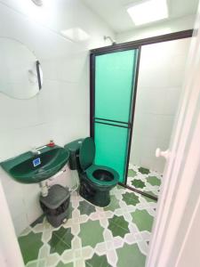 圣玛尔塔Hospedaje Casa Tito的浴室配有绿色卫生间和水槽。